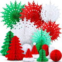 SITEDANクリスマスハニカムボールペーパーファン飾り付けセット16点セットクリスマス飾り扇子クリスマスツリーサンタ帽子クリスマスパーティーデコレーションインテリア装飾