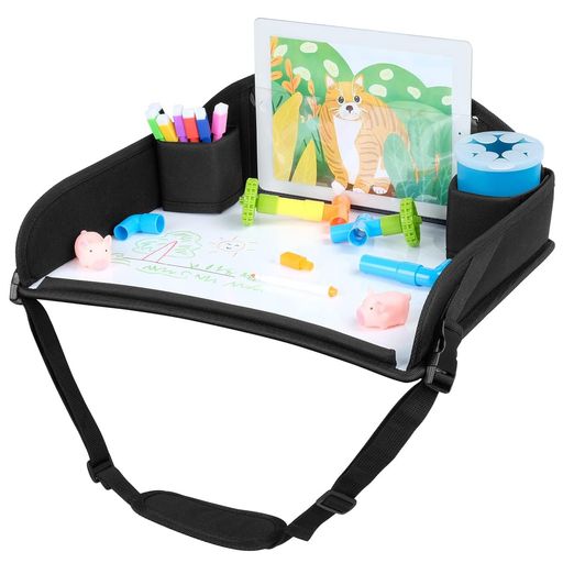 チャイルドトレイAZAMIAベビーテーブル絵筆付属チャイルドシートテーブ固定バンド付きお絵かきテーブル子供用車座席サイドテーブル車載収納おでかけ食事遊び持ちやすい(新ブラック)