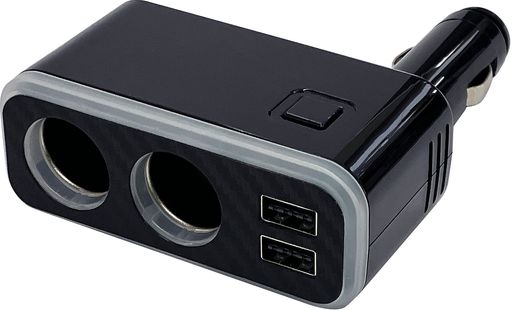 7色+白色LEDレインボーライトを内蔵ボタン操作で自動変化・単色発光が可能 上下どちらの向きでも挿せるリバーシブルUSBポート自動識別IC内蔵・2ポート合計4.8A iPhone/iPad、スマートフォン/タブレット等の様々な端末を同時に2台充電可能 最大90度4段階で調節可能な首振り式ダイレクトソケット 12V/24V車の両方に使用可能DCソケット2口合計6A(24V車での使用時:2口合計3A)