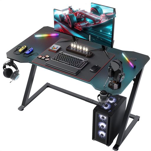 Claiksゲーミングデスクパソコンデスクマウスパッド付きZ字フレーム炭素繊維天板配線穴付きカップホルダー付き収納フック付きゲーマー向き幅120cm*奥行60cm*高さ73cm耐荷重50kg机パソコンデ…(3)