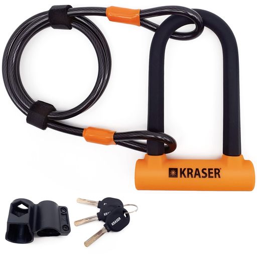 KRASERKR65145NU字型自転車ロック盗難防止セキュリティ、編組スチールケーブル120cm、ブラケット付き、..