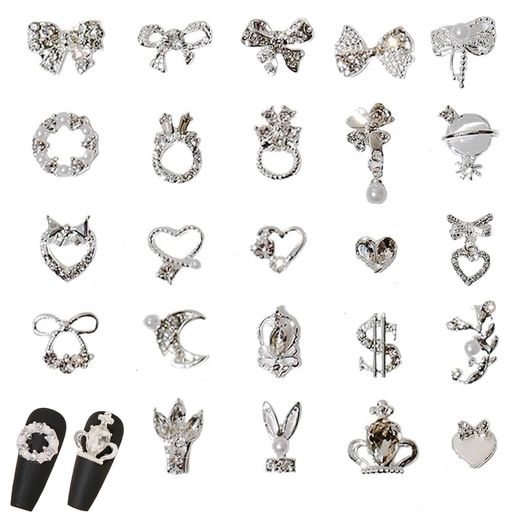 DFsuccesネイルパーツ24個セット3D立体メタルパーツリボン蝶々うさぎネイルデザイン用品DIYクラフトアクセサリー(シルバー)