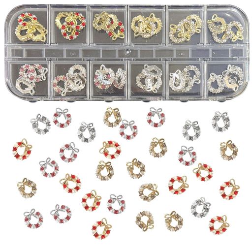 ネイルパーツクリスマスガーランド1ケース入り3D立体花輪リボンネイルパーツストーンパール可愛い大き..