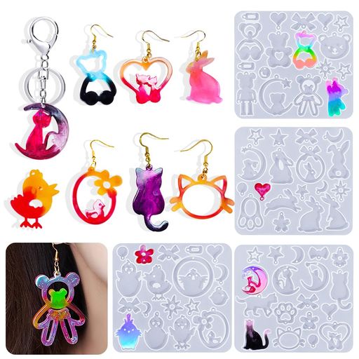 Voyyphixaシリコンモールド動物テーマクマ鶏うさぎ猫自然系4個セットDIY手作りピアスイヤリングキーホ..