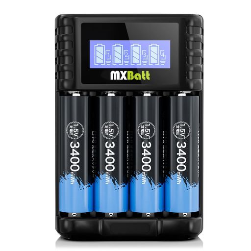 MXBatt単三電池充電式充電器セットリチウム充電池1.5V3400mWh1.5H急速充電液晶ディスプレイ充電器スロット独立充電機能単三/単四1.5Vリチウム電池/1.2Vニッケル水素/14500/10430充電池を同時充電…