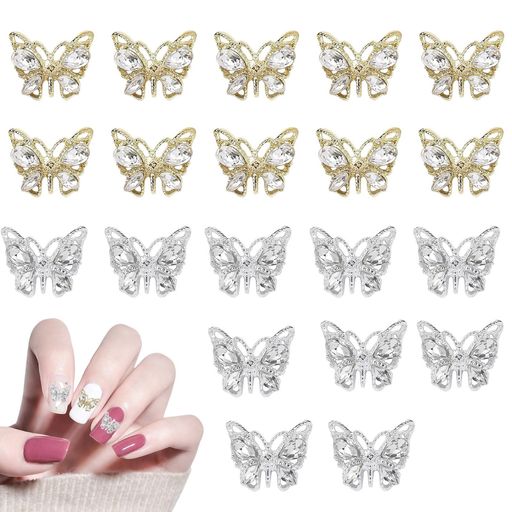 ネイルパーツ蝶々20個セット可愛い大きめ蝶ネイルパーツストーン3D立体バタフライネイルパーツゴールド..