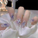 ネイルチップショート24枚入簡単ジェルネイルネイルシールかわいいパープルつけ爪ネイルビーズ落ち着いていた紫人気韓国ネイル用品両面テープ48枚付き(カメリアと蝶々)