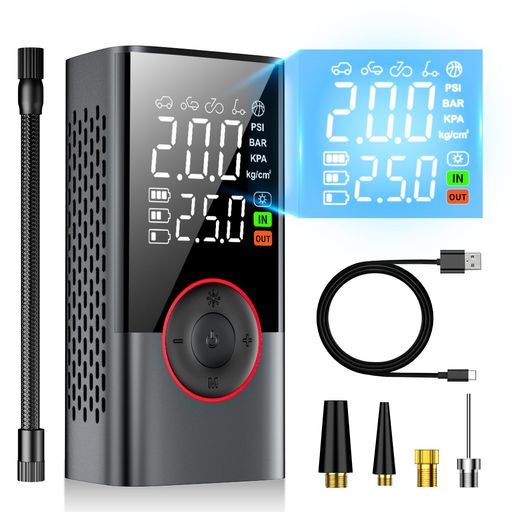 【多機能ポータブル空気入れ】電動空気入れ6000mAh大容量自動停止空気圧指定可能充電式コードレス小型軽量仏式/英式/米式バルブ対応最大圧力150PSISOS/LEDライト搭載USB-C急速充電