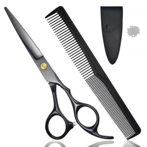 LESNICセルフカット用散髪ハサミ(髪切りハサミ)ブラック|前髪カット対応(ステンレス鋼)/男性・女性・子ども用・美容師・理容師向け