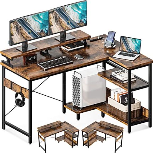 ODKl字デスクパソコンデスクL字型ゲーミングデスクデスク机幅120cmコンセント付きdeskPCデスクラック付き収納オフィスデスク省スペース書斎在宅勤務組立簡単ビンテージ(3)