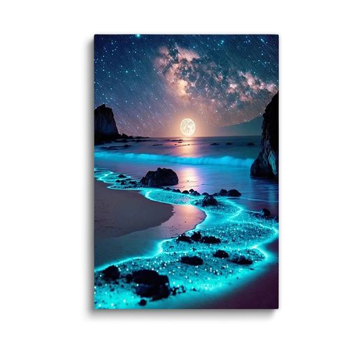 LAKELUUYAA夜光海岸星空月キャンバスアート額無し壁飾りリビングベッドルームインテリアポスター(30x40..