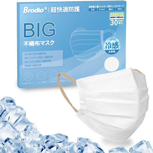 [Hellozebra]冷感マスク不織布大きめメンズ【2025夏季追加·冷感マスク】個包装30枚顔にフィット夏用マ..