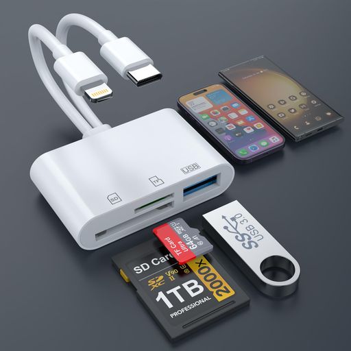 【MFi認証】iPhoneSDカードリーダー3in2Lightning/USBC-USB3.0/SD/microSD変換アダプタOTG対応高速伝送双方向転送読み書き同時設定不要操作不要日本語説明書付きライトニング
