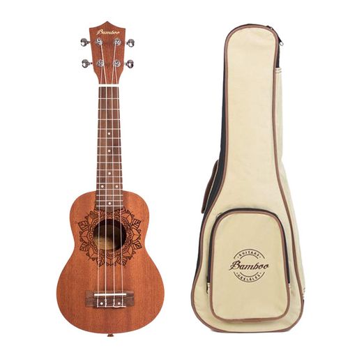アルゼンチンのブランドBamboo(バンブー)から、ロゼット部に可愛らしい花模様がレーザー刻印されたデザインウクレレが登場。TVCMでも使用された大人気モデル! サイズ:ソプラノサイズ(21) ボディ材:歯切れが良く、強いアタックサウンドが特徴のSapele材を採用 ネック材:Okume(オクメ)、指板:Walnut(ウォールナット) 持ち運び、保管にも便利なソフトケースが付属