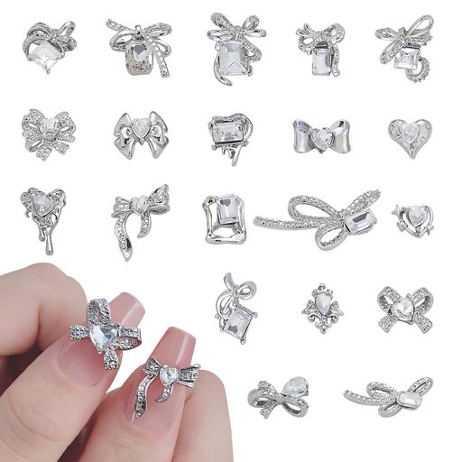 Chisaflyネイルパーツリボンストーン蝶結びラインストーン大きめ小さめキラキラパーツ立体シルバーネイ..