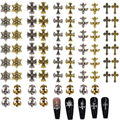 DFsuccesパンクネイルアートチャーム72個セット3Dメタルパーツヴィンテージシルバーゴールドネイルデザ..