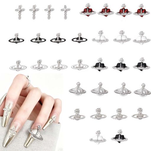 YACHUNネイルパーツチャーム惑星クロスハートネイルアートデコパーツジ3D立体メタルシルバージュエリー..