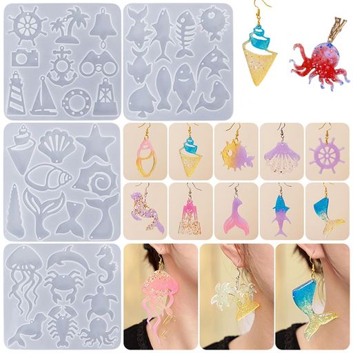 DeryArcleシリコンモールド4種類セット自然風レジン型マリンシリーズペンダントモールド海洋生物ヨットセーリングコンク砂浜ギフト新年雰囲気穴あきタイプアクセサリDIY3D立体プレゼント…