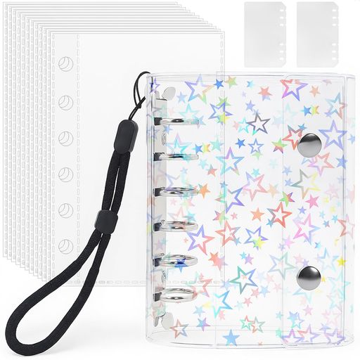 シール帳透明A7サイズはがせる女の子シールバインダーシール手帳クリアバインダー6穴シール収納推し活グッズシール台紙10枚セット3層構造PPシート2枚&専用ストラップ付き(星柄入り)