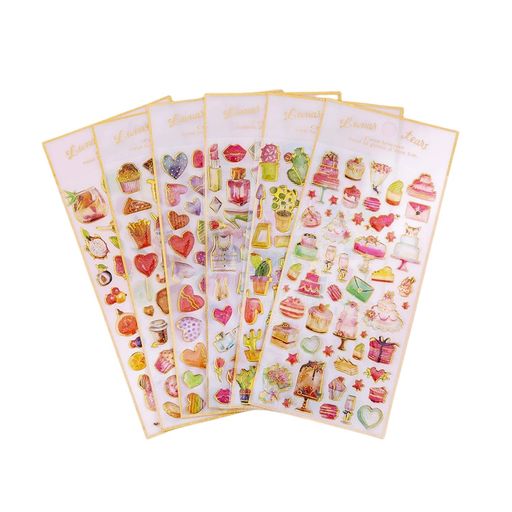 シールステッカー6種セットぷっくり3Dきらきら箔押し(ケーキ星/フルーツレモンいちごリンゴ/パン/サボ..