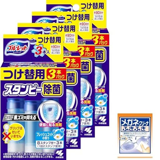 【AMAZON.CO.JP限定】【まとめ買い】ブルーレットスタンピー 除菌効果プラス トイレ 洗浄剤 フレッシュコットン 詰め替え用 約90日分×4個(おまけ付) 小林製薬