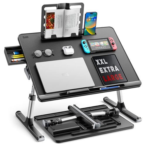 SAIJI折りたたみミニテーブル「安定性強化版」ローテーブルベッド用軽量大容量天板角度・高さ調整可能引き出し&ブックスタンド付き表面PVC加工40kg耐荷重勉強食事一人暮らしに最適K7(ブ…