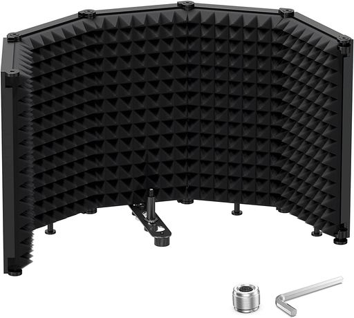 MOUKEY リフレクションファイルター マイク分離シールド 防音カバー 折り畳み式 吸音材 五つ折り ABS樹脂 軽量 高密度吸音材 卓上設置 録音放送用 3/8”&5/8”のネジ式マウント付 ブラック MPFBK5 (五つ折り)