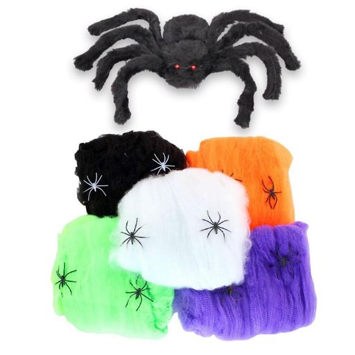 NazyJnnハロウィン飾り蜘蛛の巣5色セットホラーデコレーションスパイダー付き大型クモ付き吊るし装飾屋内屋外用壁天井ガーデンインテリアイベントパーティーグッズ