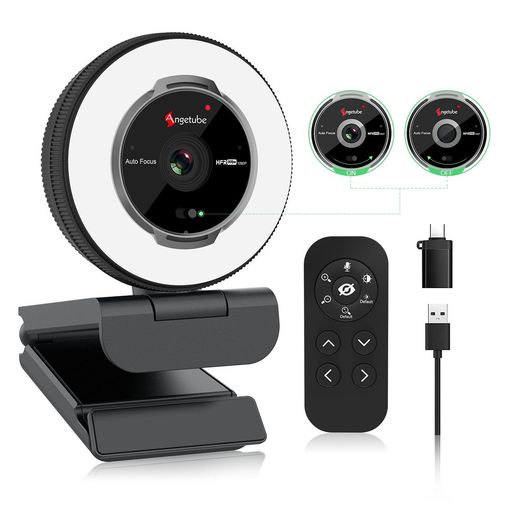 Angetube1080P60FPSウェブカメラ(リングライト付き):マイクとリモコン付きのストリーミングUSBウェブカメラ-5倍デジタルズーム内蔵のHDウェブカメラ、プライバシーカバー付き、PC|コンピュー…