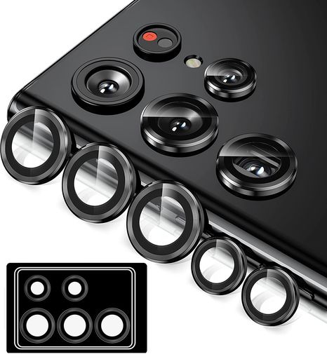 GALAXY S22 ULTRA 用 カメラフィルム [KAKUKI] SCG14 | SC-52C ギャラクシーS22ウルトラ 用 カメラ保護フィルム 薄型 強化ガラス 耐衝撃 独立型 露出オーバー防止 アルミ合金 カメラカバー (ブラック)