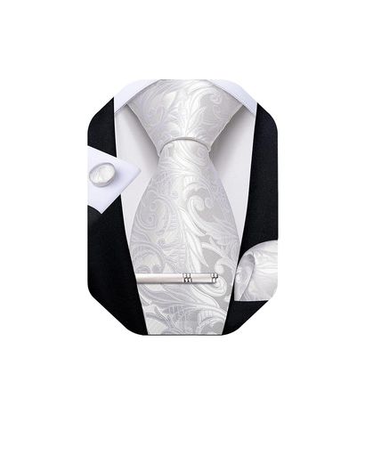 [DiBanGu]ネクタイ白結婚式ホワイトネクタイポケットチーフタイピンセットギフトボックス付き