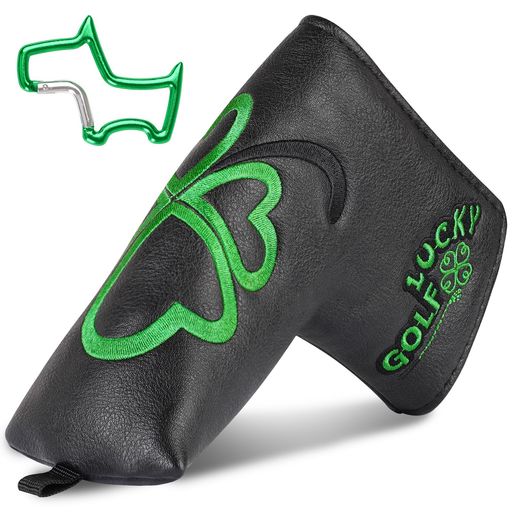 CRAFTSMAN(クラフトマン)ゴルフパターカバーマグネット開閉ブレードカバーピンタイプグリーンクローバー刺繍D型カラビナ付ブラック合成皮革