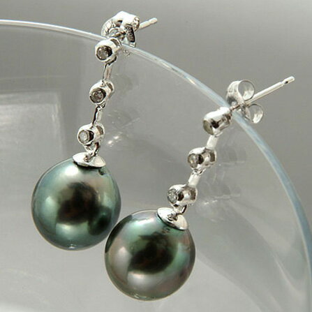 18WG南洋ブラックパールピアス☆南洋黒真珠10mm&ダイヤモンド0.12ctsのサムネイル