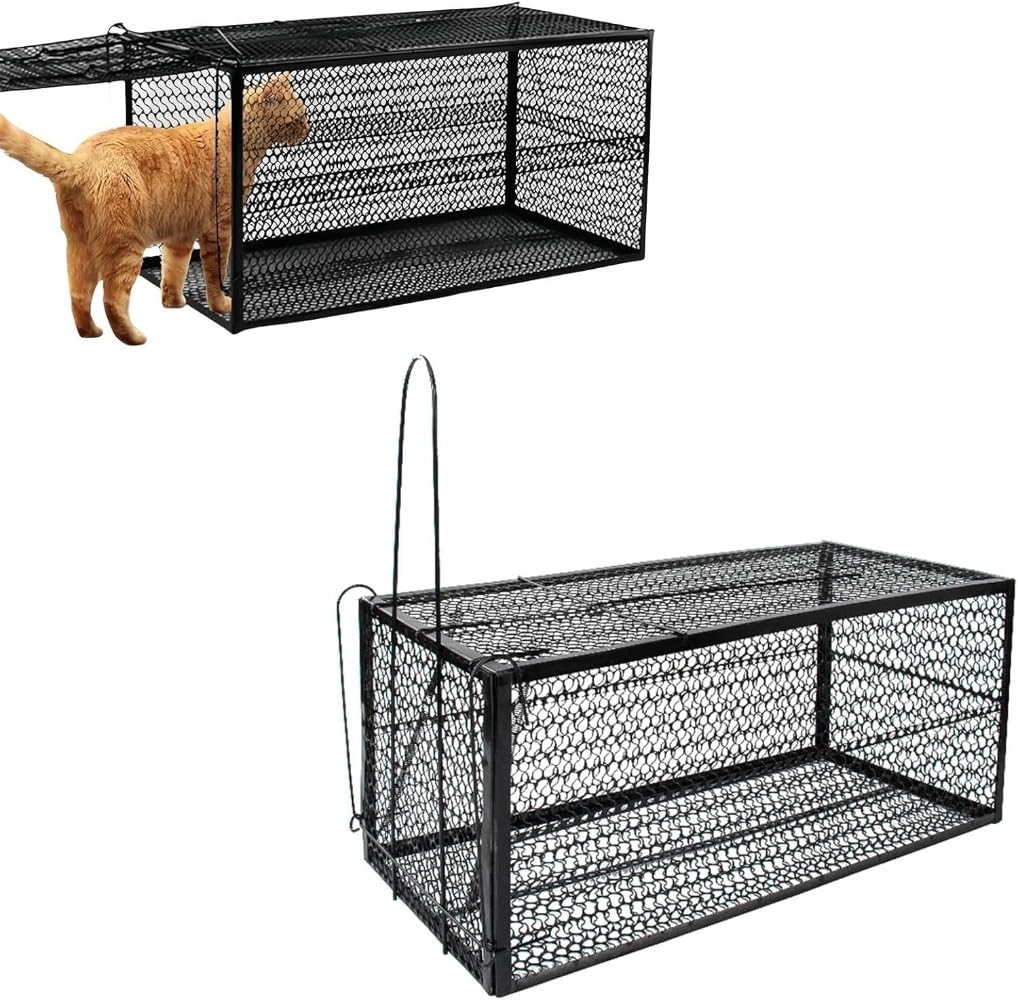 猫用動物捕獲器、猫ケージ、全自動で効率的なはしご型動物捕獲器、ステンレススチール、野良動物救助ケージ、小動物、イタチ、アライグマ、害虫駆除、保護、組み立て簡単、折りたたみ式、コンパクト収納、畑、家庭菜園、農作物保護 (602828 [特大] 1)