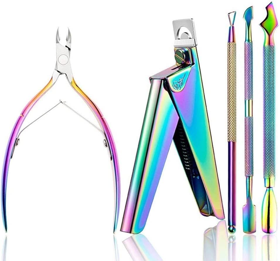 爪切りセット、爪切りマニキュアセット、5個爪キューティクルプッシャーピンセットレインボーニッパー..