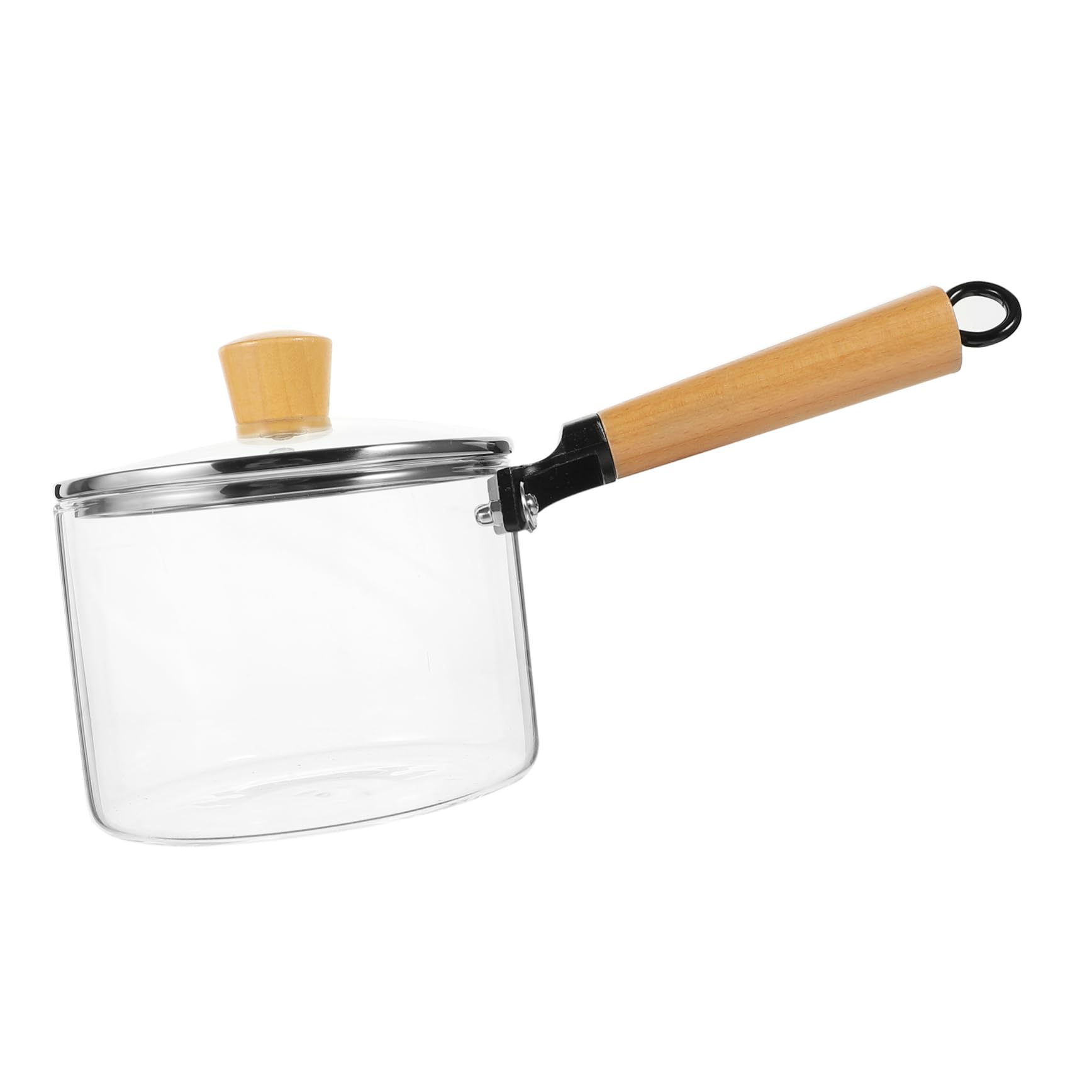 楽天ゆめのマルシェ企画ガラスミルクポット 木製ハンドル付き 蓋付き – 耐熱性調理鍋 透明スープポット 麺類調理に適した家庭用ポット