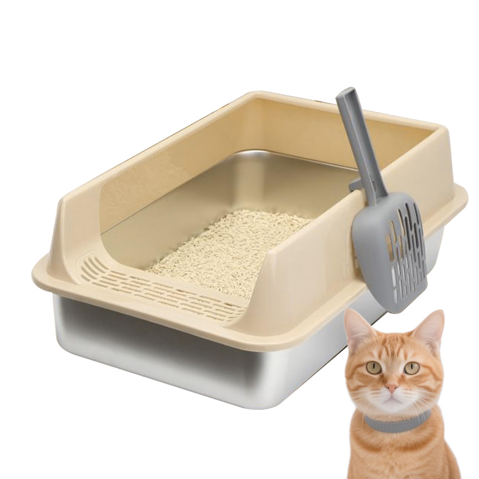 ステンレス製 猫トイレ | 高さのある囲い式トイレトレイ - 子猫用ペット用品トレイ...