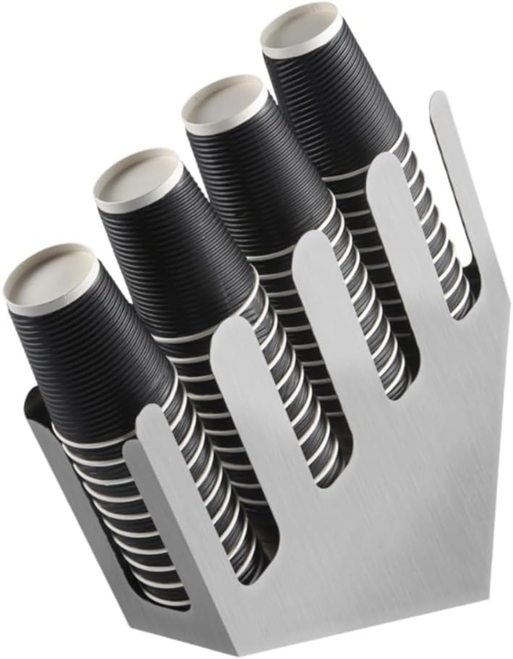 メタルカップと蓋ホルダー、カフェカウンタートップ紙カップディスペンサーラックオーガナイザー、4つのコンパートメント付き、業務用コーヒーカップホルダースタンド、紅茶ドリンクコーヒー用 ステンレス製ミルク