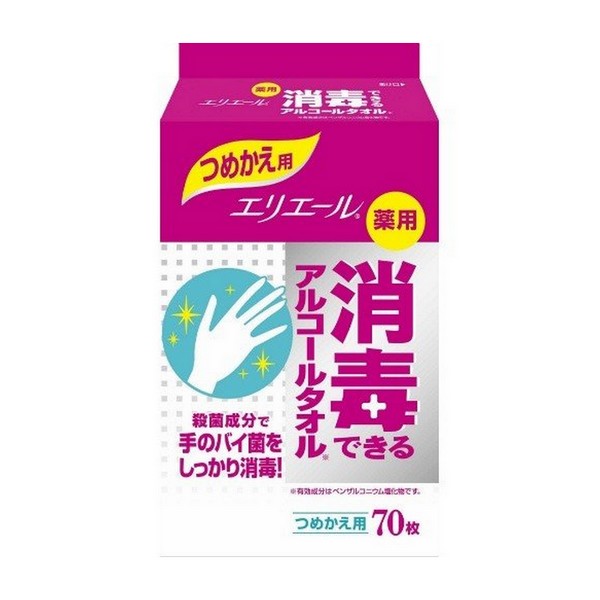 ※パッケージデザイン等は予告なく変更されることがあります &#12316;殺菌成分で手のバイ菌をしっかり消毒！&#12316; &nbsp;★殺菌成分が手についたバイ菌をしっかり消毒します &nbsp;★たっぷりの水分量で手指全体をしっかり消毒します &nbsp;★ふき応えを実感できるふんわり厚手シート採用 効能・効果 手指・皮膚の洗浄・消毒 成分・分量 有効成分：ベンザルコニウム塩化物 0.05% その他の成分：エタノール、プロピレングリコール、精製水 容量 70枚 用途 食事前のお手ふきに 外出先からの帰宅時に お料理をする前に 小さなお子さまのお世話をする前に 掃除やゴミ出しの後に 介護や看護のときに 使用方法 つめかえ用には必ず「エリエール 薬用 消毒できるアルコールタオル 70枚入」をご使用ください。 キャップを回してはずし、アルミシールを取り除きます。 ロール状タオルの中心部からシートをつまみ上げます。 つまみ上げたタオルの先端を広げ、真中をつまんで内側から取り出し口に通します。 キャップをしっかり回して閉めてからご使用ください。 *ロール状タオルの外側から取り出し口にセットしないでください。 用法・用量 用時不織布シートを取り出し、そのまま手指又は皮膚に薬液を塗布する。 《用法用量に関連する注意》 小児に使用させる場合には、保護者の指導監督のもとに使用させること。 目に入らないように注意すること。万一、目に入った場合には、すぐに水又はぬるま湯で洗うこと。なお、症状が重い場合には、眼科医の診療を受けること。 外用にのみ使用すること。 使用上の注意 《してはいけないこと》 （守らないと現在の症状が悪化したり、副作用が起こりやすくなる） 使用できない人：アルコール過敏症の人 使用できない部位：傷、粘膜部、火傷の部位 《相談すること》 次の人は使用前に医師または薬剤師に相談すること。 医師の治療を受けている人。 本人又は家族がアレルギー体質の人。 薬によりアレルギー症状を起こしたことがある人。 次の場合は、直ちに使用を中止し、この商品を持って医師または薬剤師に相談すること。 関係部位症状皮ふ発疹、発赤、かゆみ 5-6日間使用しても症状がよくならない場合。 保管及び取扱い上の注意 《保管及び取扱い上の注意》 火気に近づけたり、火気の近くで使用・保管・廃棄はしないこと。 直射日光の当たらない涼しい所に保管すること。 小児の手の届かない所に保管すること。 塗装面、水ぶきできない材質、革製品、溶剤に弱い材質には付着させないこと。(変色・変質のおそれがある。) 乾燥を防ぐため、使用後はしっかりとフタを閉め、開封後はできるだけ早く使用すること。 トイレの詰まりを防ぐため、水洗トイレに流さないこと。 アルコールまたは他の薬剤を注入して使用しないこと。 他の容器に入れ替えないこと。(誤用の原因になったり品質が変わる。) キャップの取り出し口には寿命がありますので、タオルが切れにくくなったら新しいボトルをお買い求めください。 つめかえる時には、容器を清潔にし、きれいな手でつめかえてください。 火気厳禁 傷、粘膜部、火傷の部位には使用しないこと。 メーカー名 "大王製紙株式会社 〒102-0071 東京都千代田区富士見2丁目10番2号　飯田橋グラン・ブルーム TEL 03-6856-7500(代表)" 商品区分 指定医薬部外品 広告文責 夢海月（072-970-6593)　