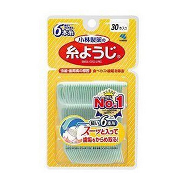 ※パッケージデザイン等は予告なく変更されることがあります ◆歯と歯のあいだの歯垢・食べカスをしっかり除去し、虫歯・歯周病予防◆ 歯の間や、歯と歯肉の間にたまる歯垢・食べカスは、虫歯・歯周病・口臭の原因 歯ブラシでは40〜50％しかとれない歯垢や食べカスを取り除くことによって、虫歯の発生率を低下させます ◇ 歯間の食べカス・歯垢をしっかり除去して虫歯・歯周病予防 ユニークな形状のピックによって、歯の裏など取りにくい食べカスを容易に取り除きます ◇ 帯状に並べた6本の細い糸（特殊糸）が歯間の汚れをからめて取り除きます 品質表示 柄の材質 ポリスチレン 糸の材質 ナイロン 耐熱温度 80℃ 内容 30本入り 製造販売元 小林製薬株式会社 〒567-0057 大阪府茨木市豊川1-30-3 0120-5884-01 使用方法 フロスをゆっくりと前後させながら挿入します 歯の側面に沿わせながら上下し歯垢を取ります。 同時に歯ぐきを優しくマッサージしてください 歯の裏側の取りにくい歯垢・食べカスはピックでお取りください 衛生上および機能上、本品1本につき1回のご使用をおすすめします 使用上の注意 歯ぐきを傷つける恐れがあるため、フロスまたはピックは歯間に無理に入れない 糸が歯に引っ掛かったり切れやすい時は、歯の詰め物が取れていたり虫歯の恐れもあるので、歯科医師に相談する お子さまの手の届かない場所に保管する 製品は歯間清掃具なので、歯と歯の間の清掃以外の目的では使用しない 使用中、痛みや異常を感じた場合には使用を中止し、歯科医師に相談する 歯の根元のすき間には〈やわらか歯間ブラシ〉〈Dental Dr.〉の歯間ブラシシリーズのご使用をおすすめいたします 商品区分 日用雑貨 広告文責 夢海月（072-970-6593)