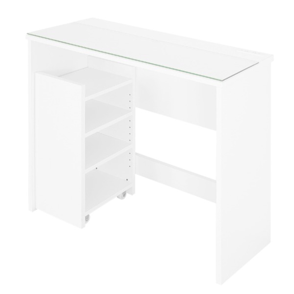 日本製 ガラス天板 サイドワゴン付きコスメデスク (テーブル 机) ホワイト お客様組立品 国産 白 美容の手間を省き、使いやすさを追求したコンパクトデスク 日...