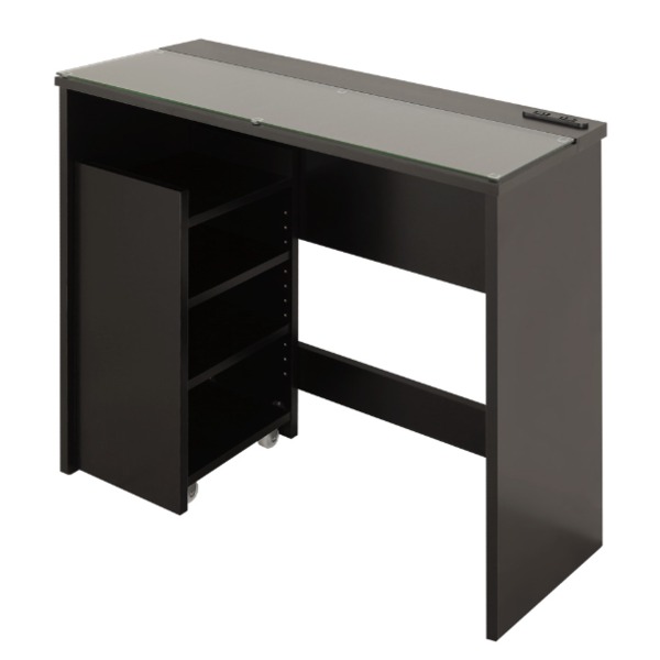 日本製 ガラス天板 サイドワゴン付きコスメデスク (テーブル 机) ブラック お客様組立品 国産 黒 美容の手間を省き、使いやすさを追求したコンパクトデスク 日...