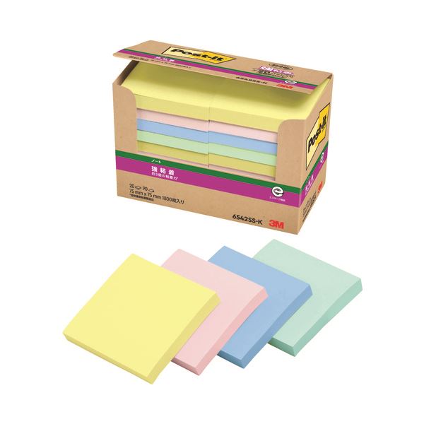 スリーエム ジャパン Post-it強粘着75mm×75mm 4色混色6542SS-K 強力な粘着力を持つ75mm×75mmのポストイット、4色の混色セット 色...