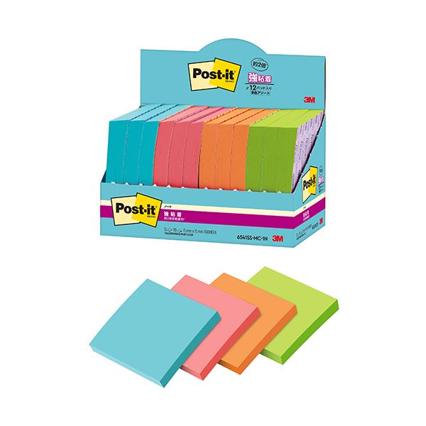 3Mポスト・イット 強粘着ノート マルチカラー1 75×75mm 4色 6541SS-MC-1N 1パック(12冊) 強力な粘着力を持つ、多彩な色合いの75×7...