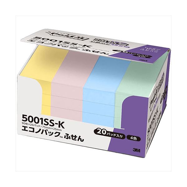 3M Post-it ポストイット エコノパック強粘着付箋 パステルカラー4色 3M-5001SS-K 色彩溢れるメモリーズ パステルカラー4色の強粘着付箋で、...