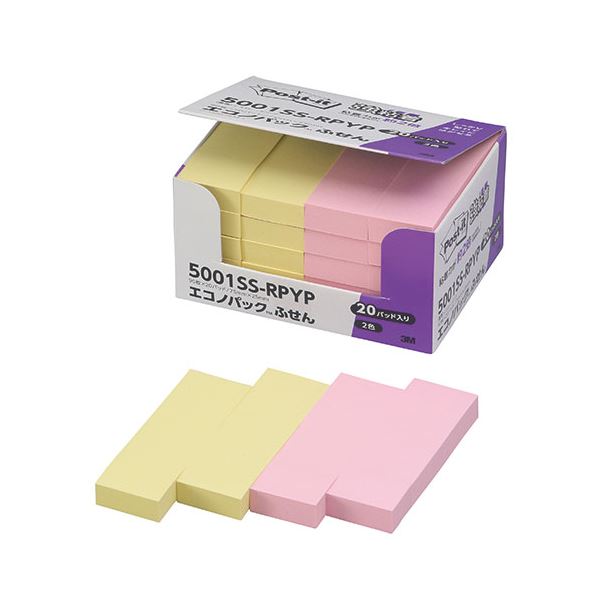 3M Post-it ポストイット エコノパック強粘着付箋 パステルカラー Y/P 3M-5001SS-RPYP 色彩溢れるメモリーズ パステルカラーの強粘着付...