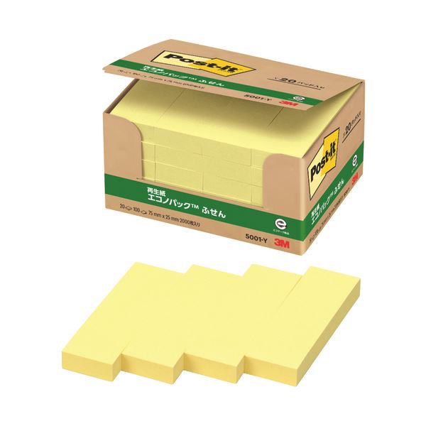 スリーエム ジャパン Post-it 再生紙ふせん 5001-Y イエロー 黄 再生紙を使用したイエローのふせん、5001-Y 持続可能な選択で環境に、色鮮やか...