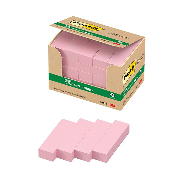 (まとめ) 3Mポスト・イット エコノパック 見出し 再生紙 50×15mm ピンク 7001-P 1パック(25冊) 【×2セット】 再生紙で作られたピンク色...
