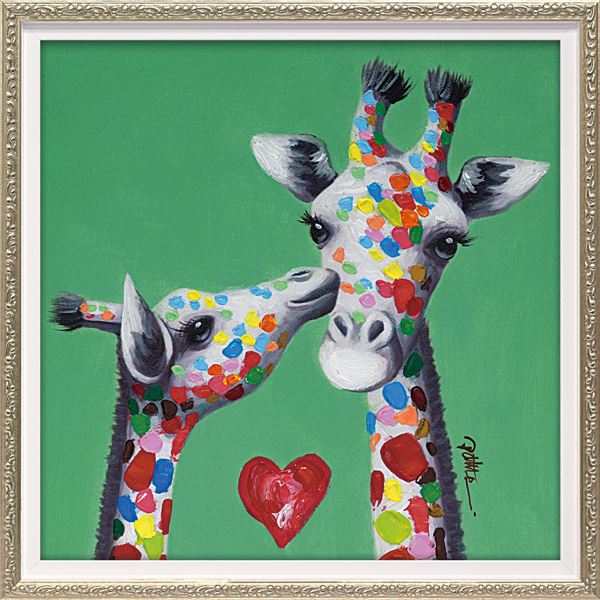 ユーパワー ハンドペイント オイルペイントアート Sサイズ 「キスジラフ」 手作りの魅力溢れるアート作品 愛を込めて描かれたジラフのキス Sサイズのオイルペイントアート