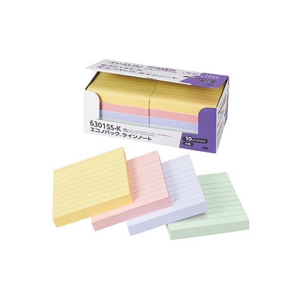 3M Post-it ポストイット エコノパック 強粘着ノート 罫線入パステル混色 3M-6301SS-K 強力粘着ノート パステルカラー 罫線入り エコノパッ...
